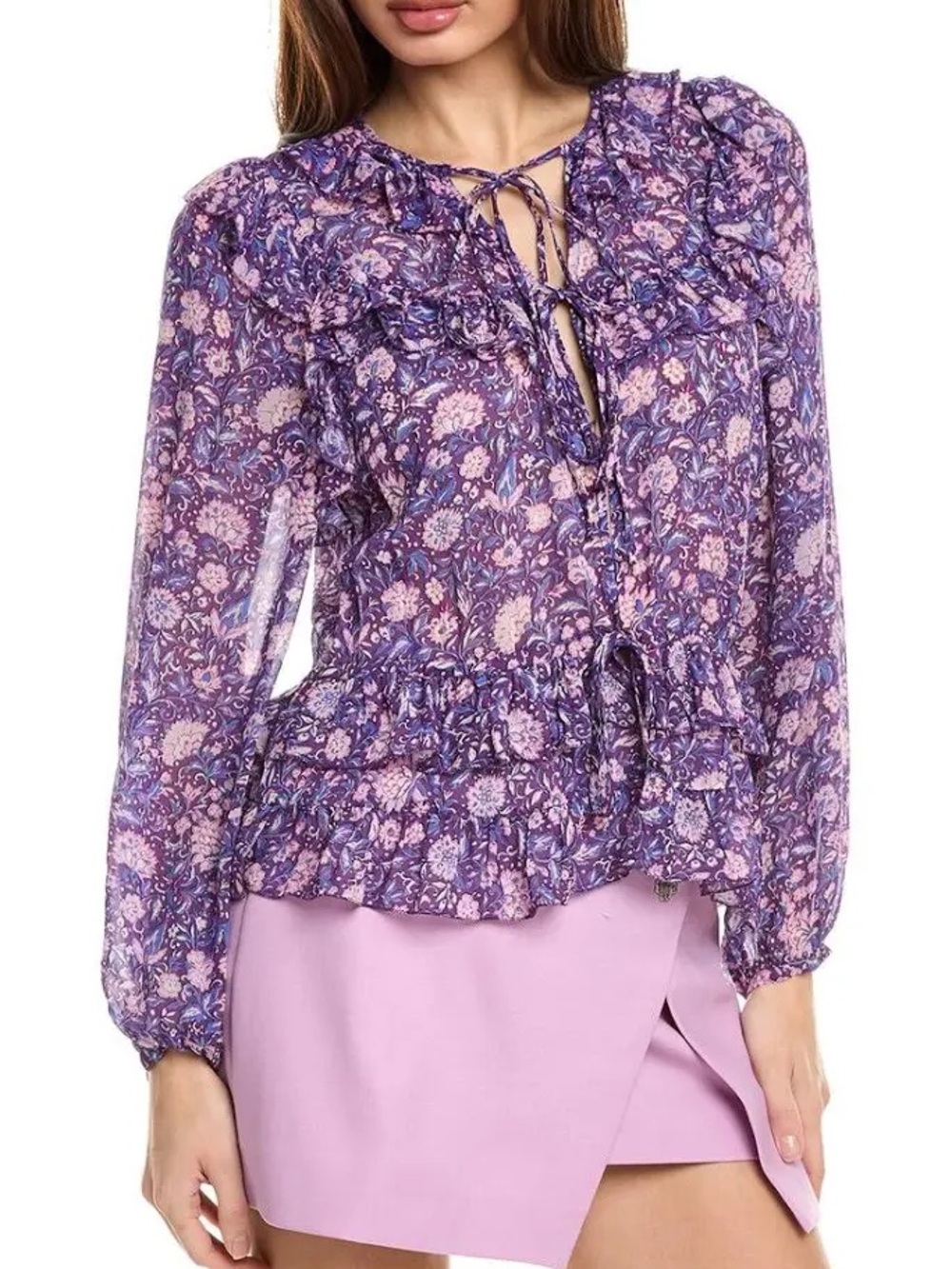 Maje Purple Floral Ruffle Wrap Blouse